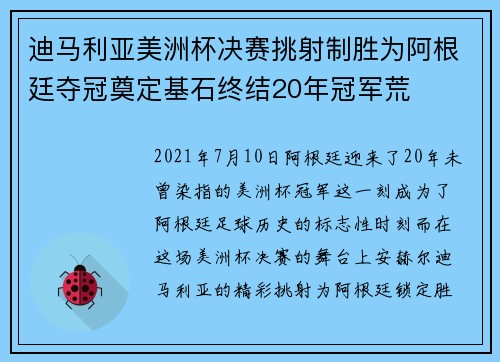 迪马利亚美洲杯决赛挑射制胜为阿根廷夺冠奠定基石终结20年冠军荒