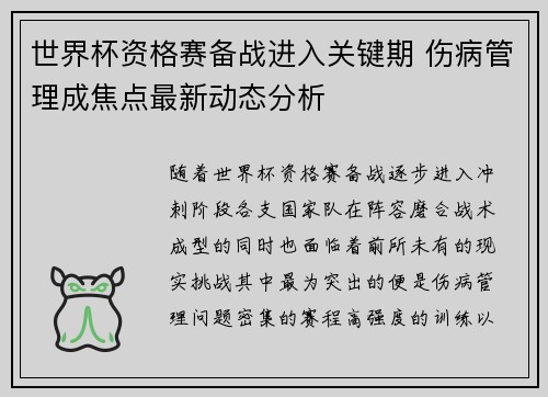 世界杯资格赛备战进入关键期 伤病管理成焦点最新动态分析