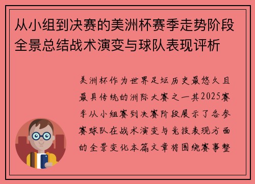 从小组到决赛的美洲杯赛季走势阶段全景总结战术演变与球队表现评析