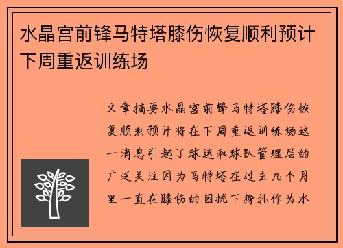 水晶宫前锋马特塔膝伤恢复顺利预计下周重返训练场